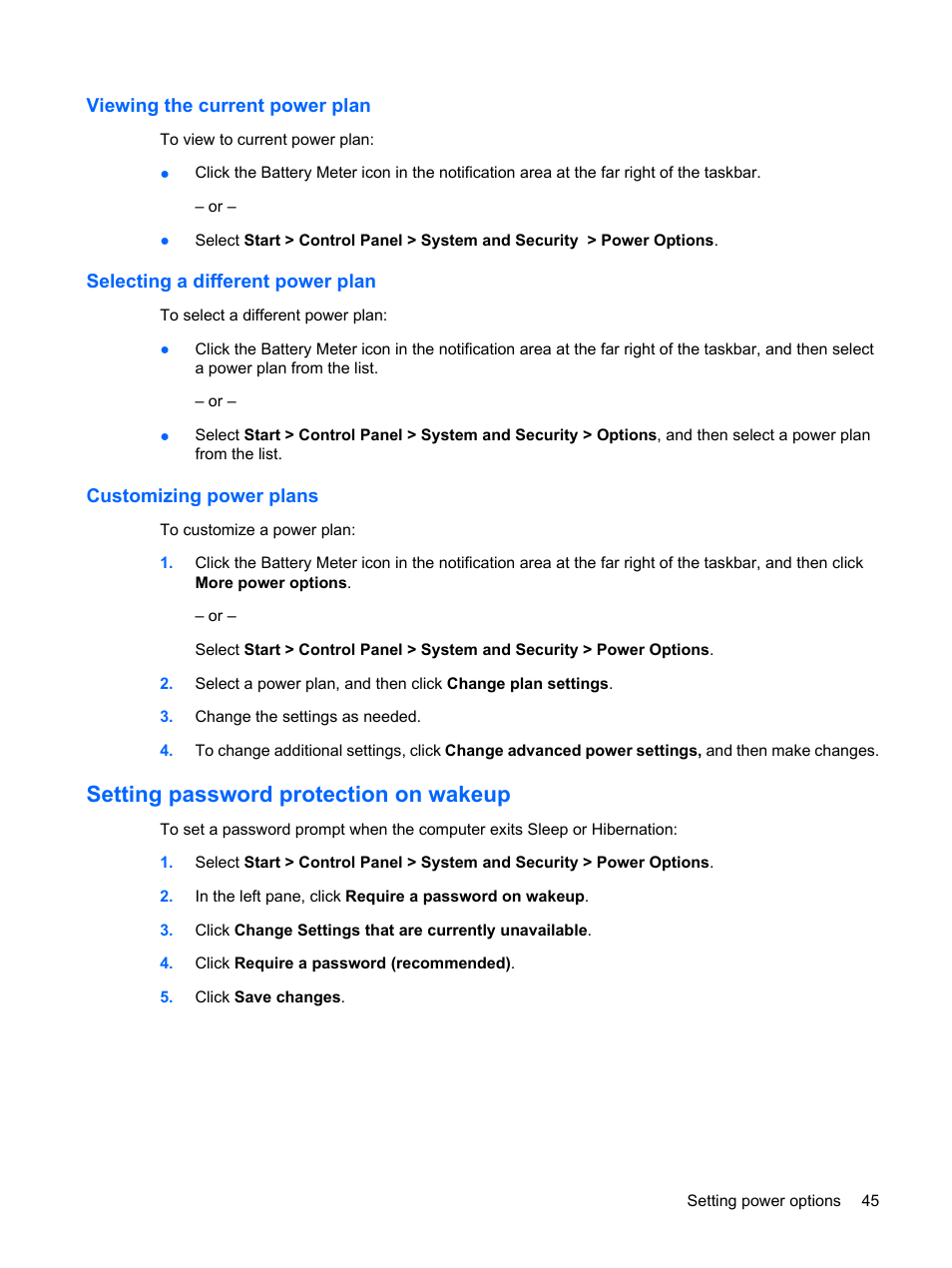 Viewing the current power plan, Selecting a different power plan, Customizing power plans | Setting password protection on wakeup | HP Pavilion dv6z-3200 CTO Select Edition Entertainment Notebook PC User Manual | Page 55 / 129