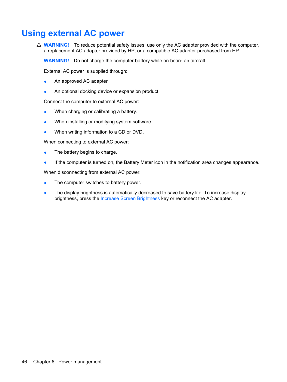 Using external ac power | HP Pavilion dv6z-3200 CTO Select Edition Entertainment Notebook PC User Manual | Page 56 / 129