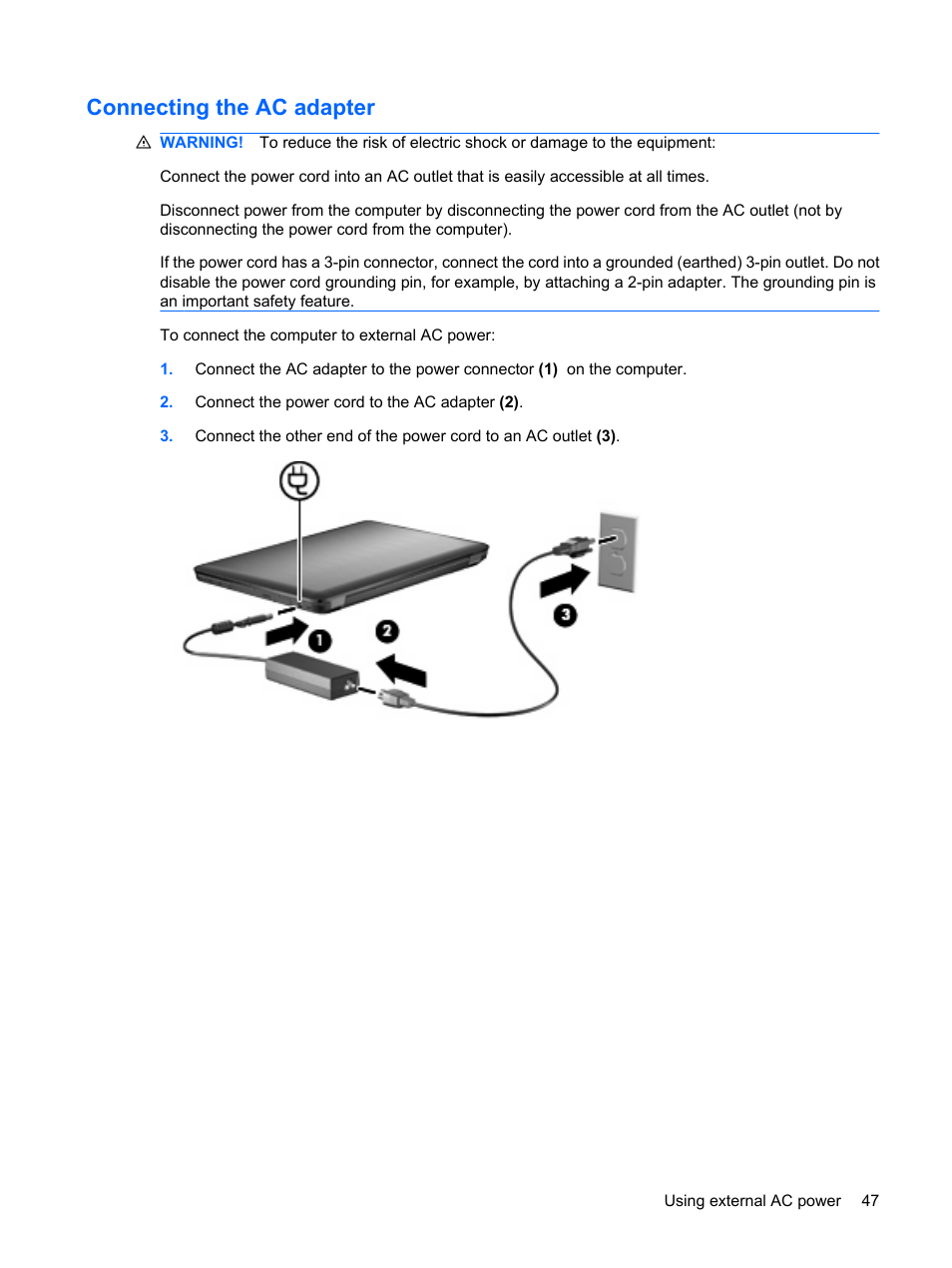 Connecting the ac adapter | HP Pavilion dv6z-3200 CTO Select Edition Entertainment Notebook PC User Manual | Page 57 / 129