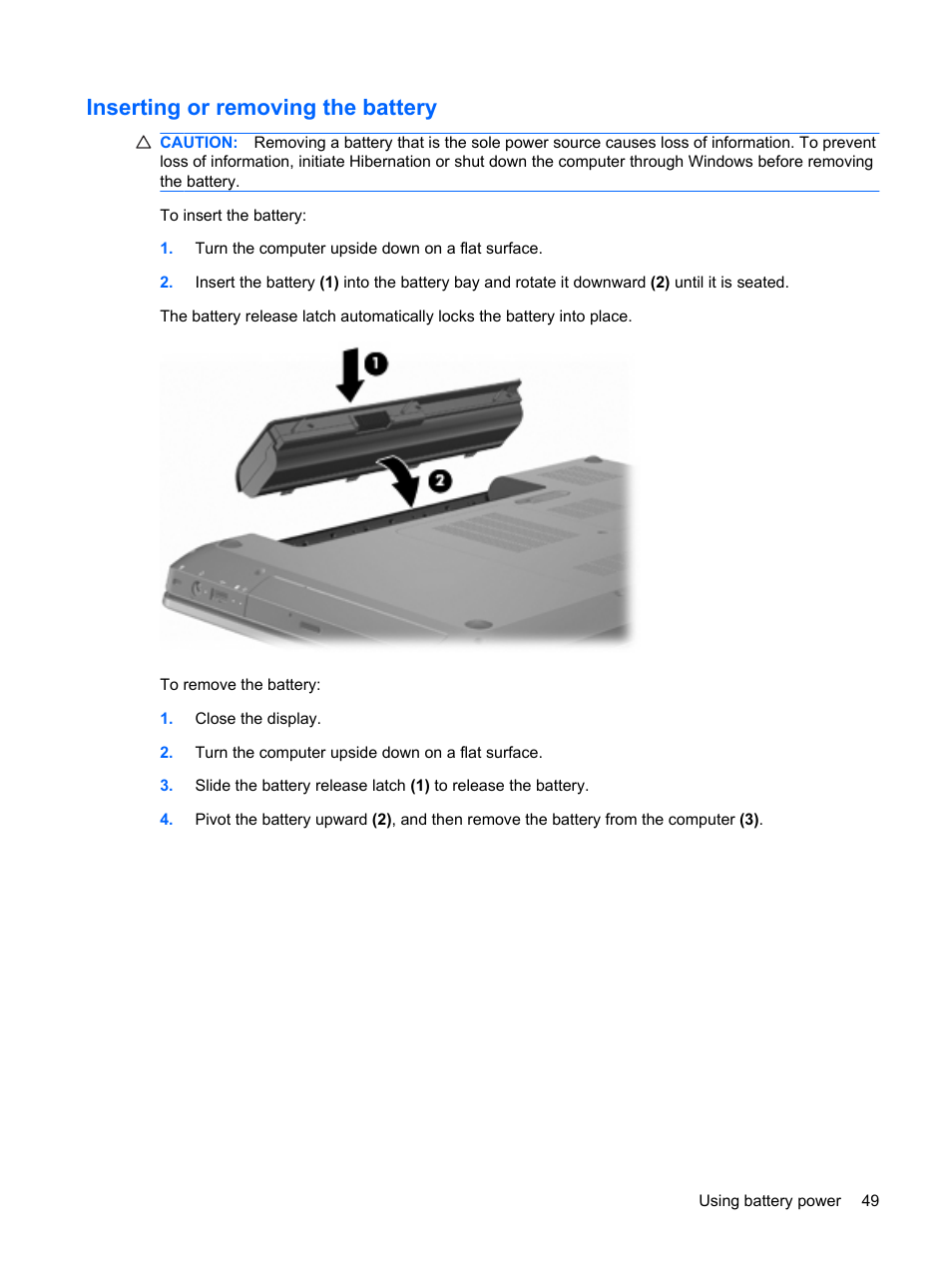 Inserting or removing the battery | HP Pavilion dv6z-3200 CTO Select Edition Entertainment Notebook PC User Manual | Page 59 / 129
