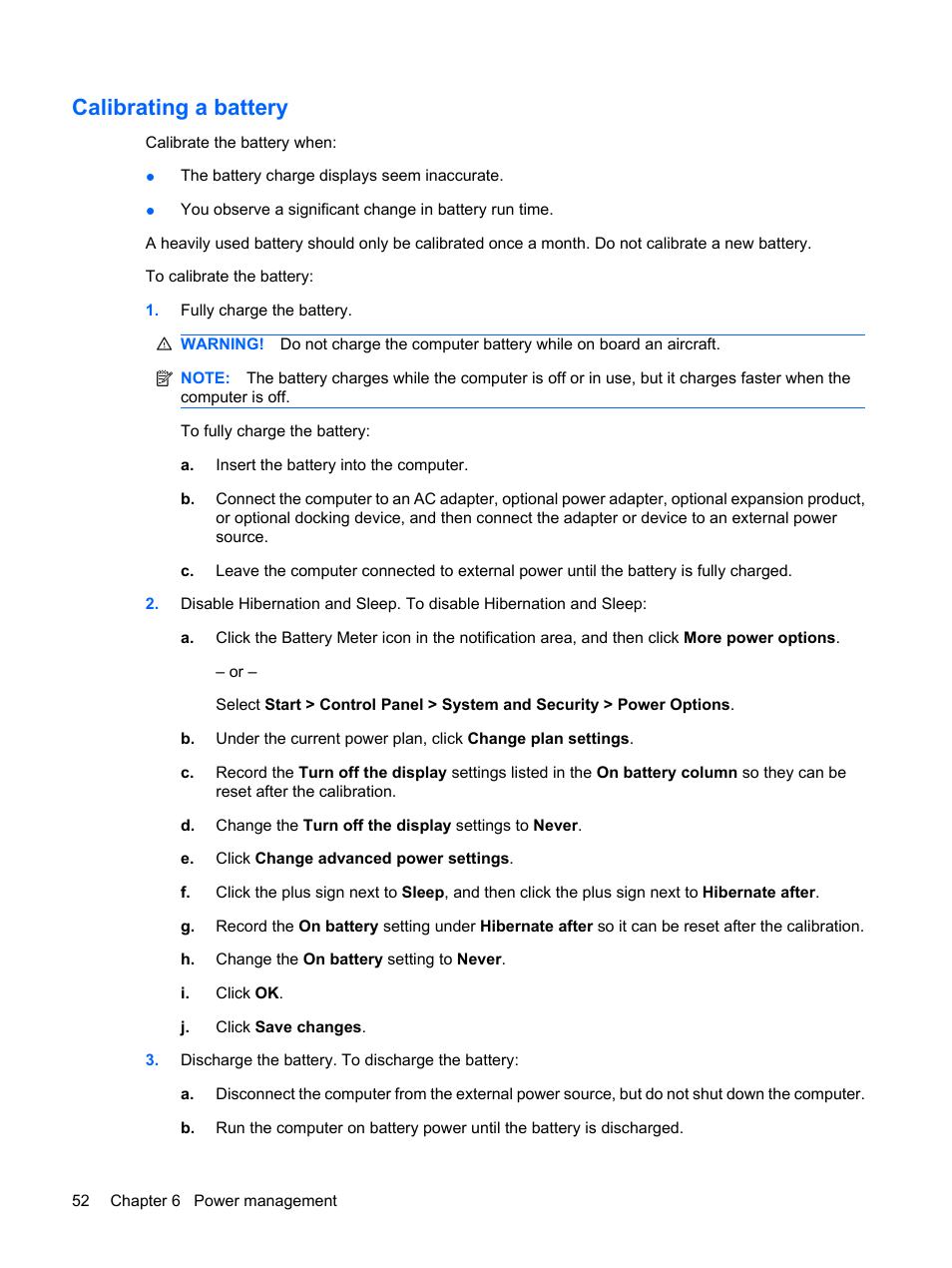 Calibrating a battery | HP Pavilion dv6z-3200 CTO Select Edition Entertainment Notebook PC User Manual | Page 62 / 129