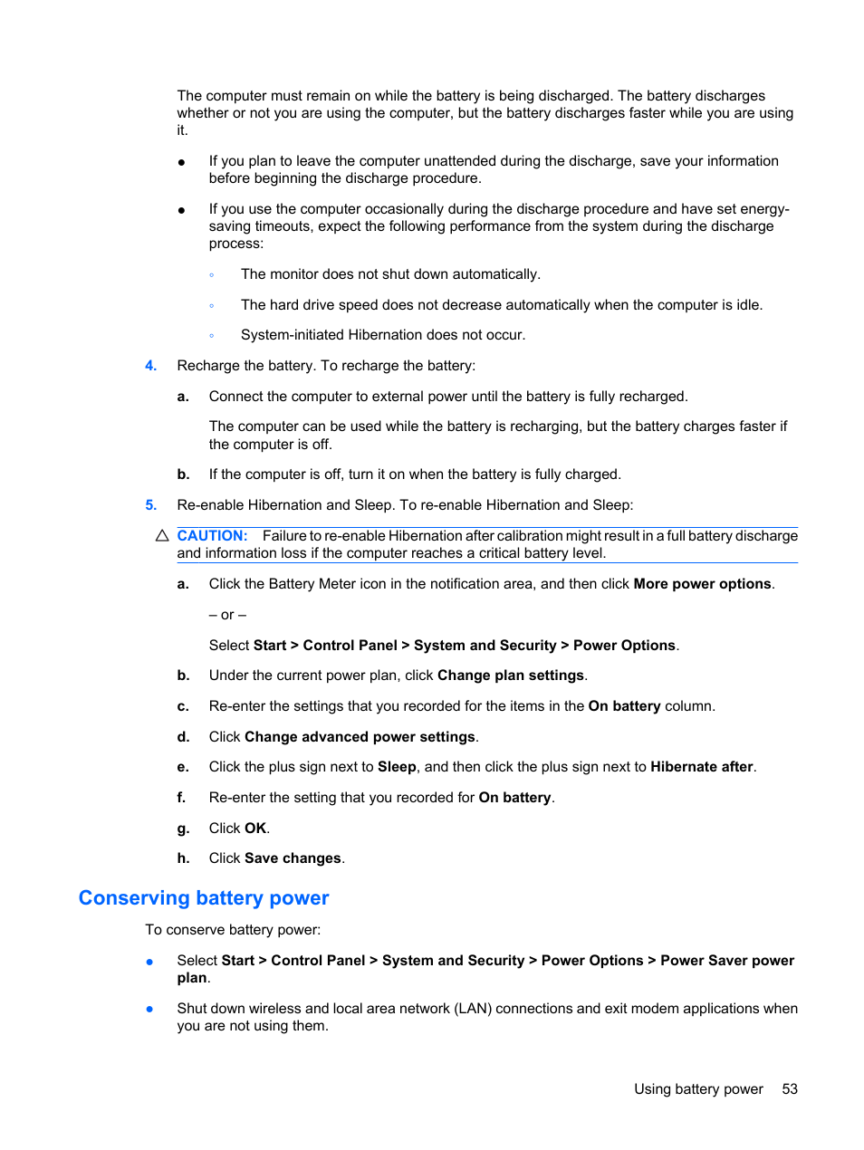 Conserving battery power | HP Pavilion dv6z-3200 CTO Select Edition Entertainment Notebook PC User Manual | Page 63 / 129