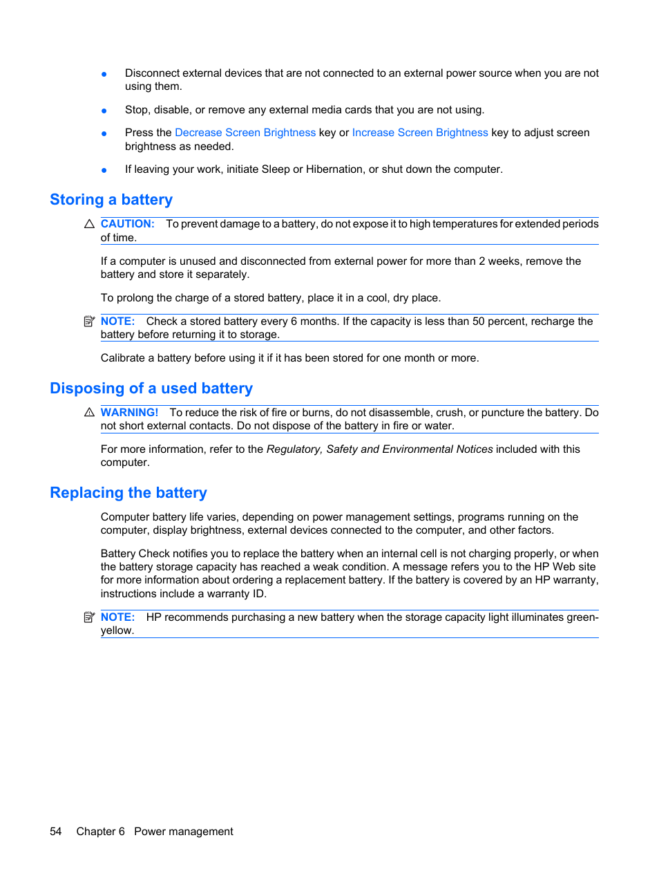 Storing a battery, Disposing of a used battery, Replacing the battery | HP Pavilion dv6z-3200 CTO Select Edition Entertainment Notebook PC User Manual | Page 64 / 129