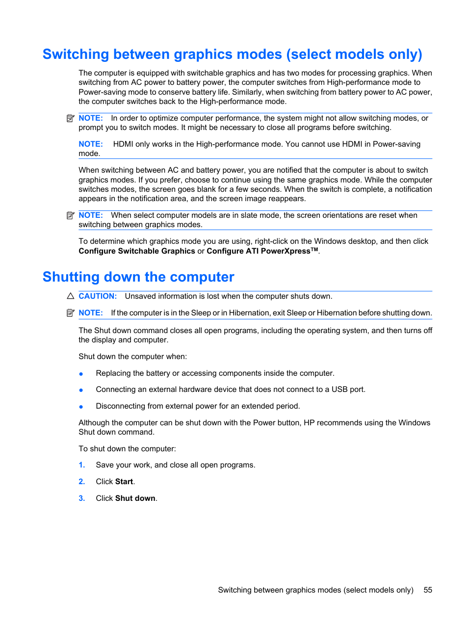 Shutting down the computer | HP Pavilion dv6z-3200 CTO Select Edition Entertainment Notebook PC User Manual | Page 65 / 129