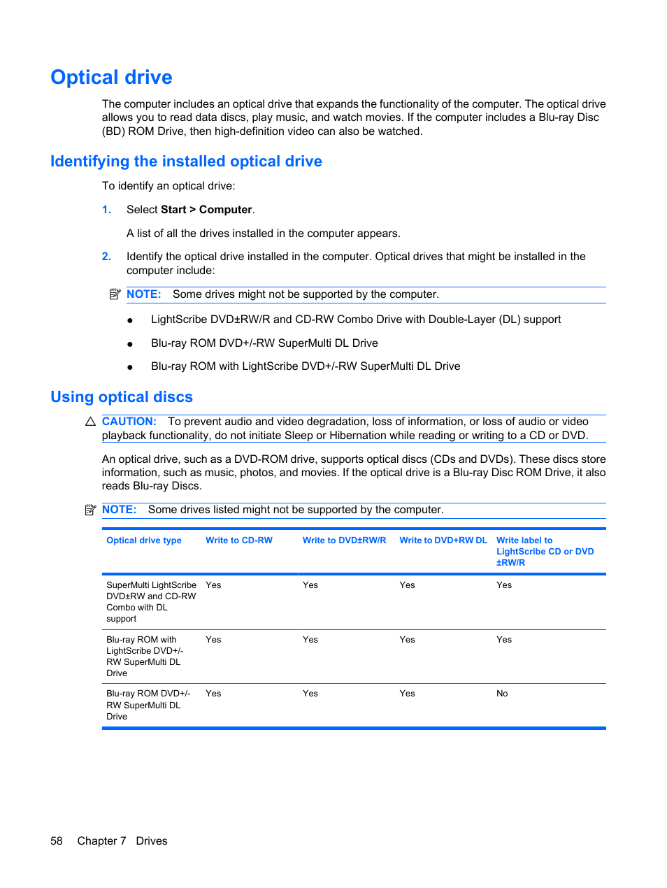 Optical drive, Identifying the installed optical drive, Using optical discs | HP Pavilion dv6z-3200 CTO Select Edition Entertainment Notebook PC User Manual | Page 68 / 129