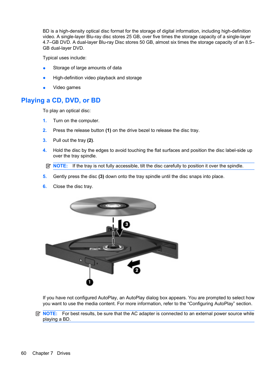Playing a cd, dvd, or bd | HP Pavilion dv6z-3200 CTO Select Edition Entertainment Notebook PC User Manual | Page 70 / 129