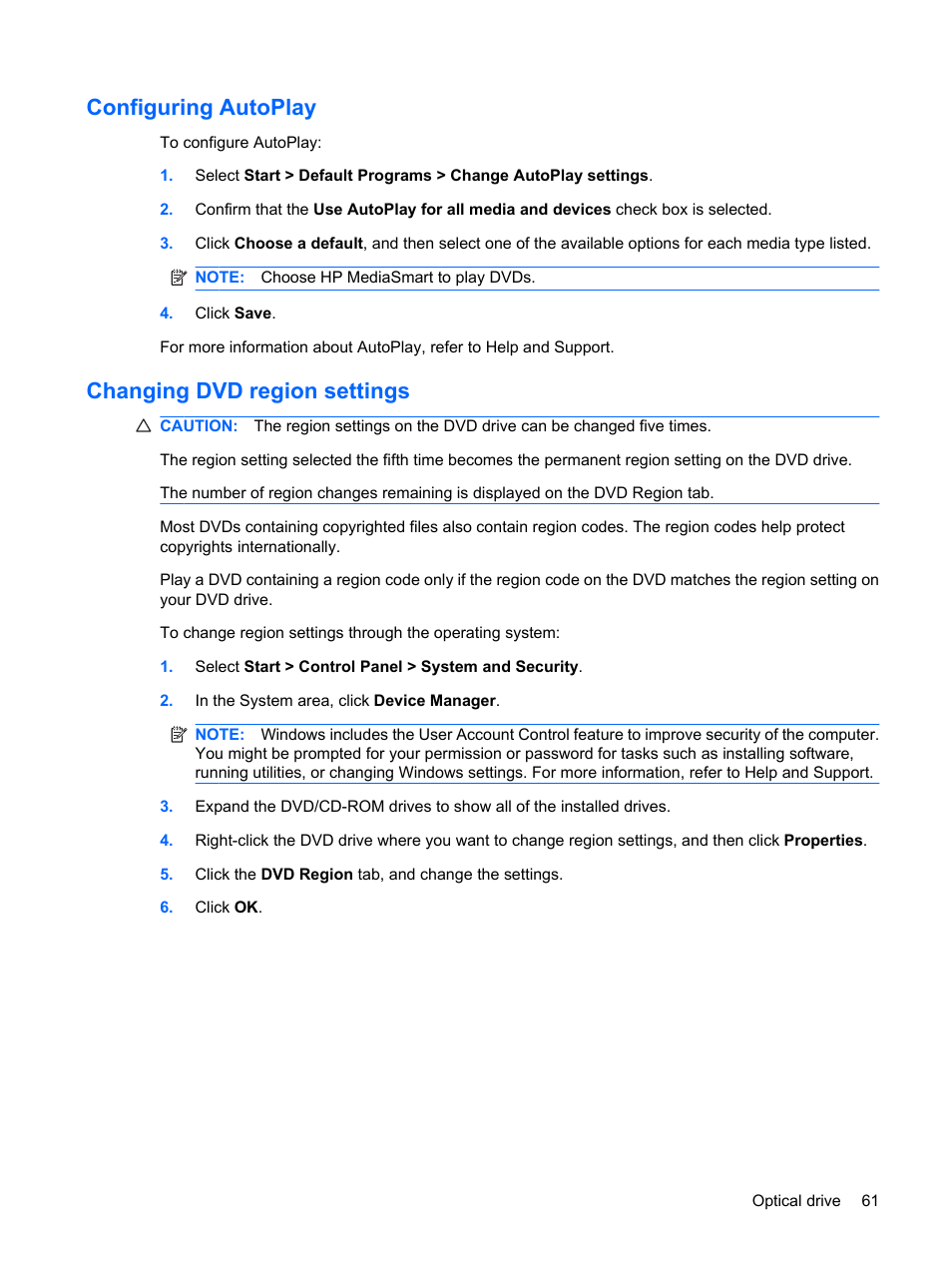 Configuring autoplay, Changing dvd region settings, Configuring autoplay changing dvd region settings | HP Pavilion dv6z-3200 CTO Select Edition Entertainment Notebook PC User Manual | Page 71 / 129