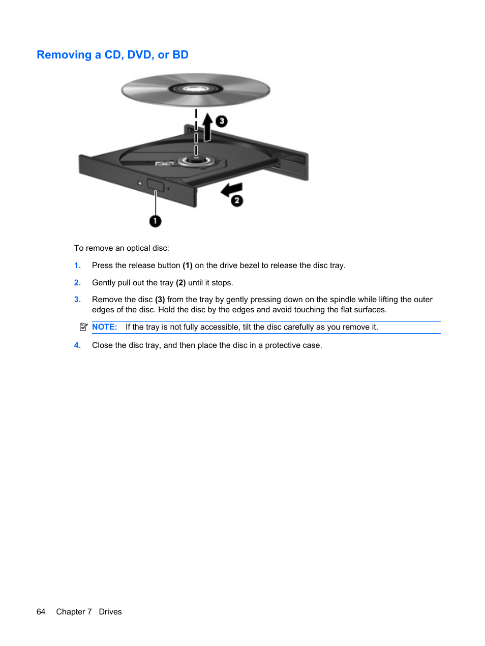 Removing a cd, dvd, or bd | HP Pavilion dv6z-3200 CTO Select Edition Entertainment Notebook PC User Manual | Page 74 / 129
