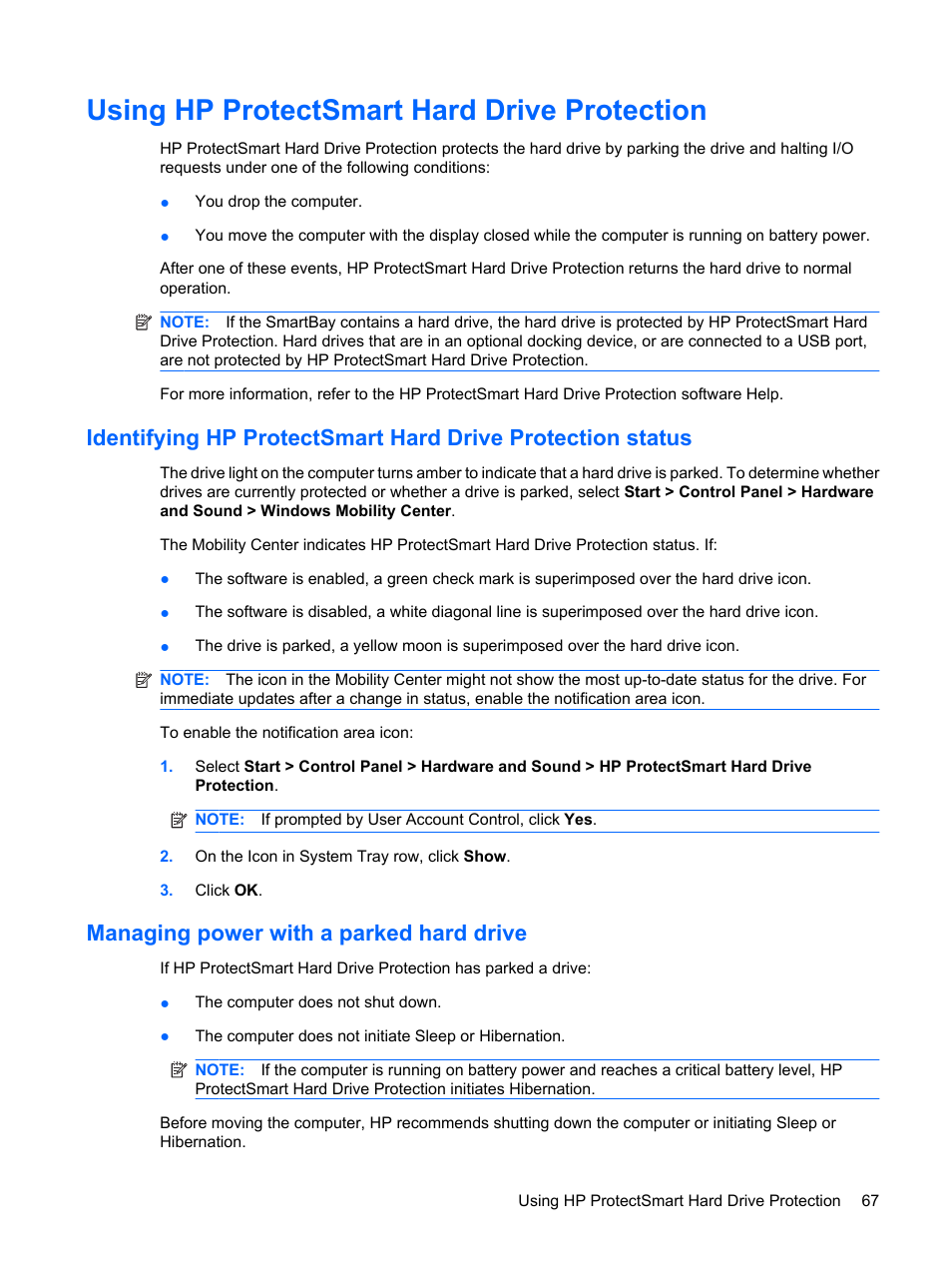 Using hp protectsmart hard drive protection, Managing power with a parked hard drive | HP Pavilion dv6z-3200 CTO Select Edition Entertainment Notebook PC User Manual | Page 77 / 129