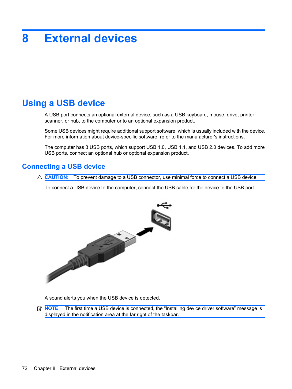 External devices, Using a usb device, Connecting a usb device | 8 external devices, 8external devices | HP Pavilion dv6z-3200 CTO Select Edition Entertainment Notebook PC User Manual | Page 82 / 129