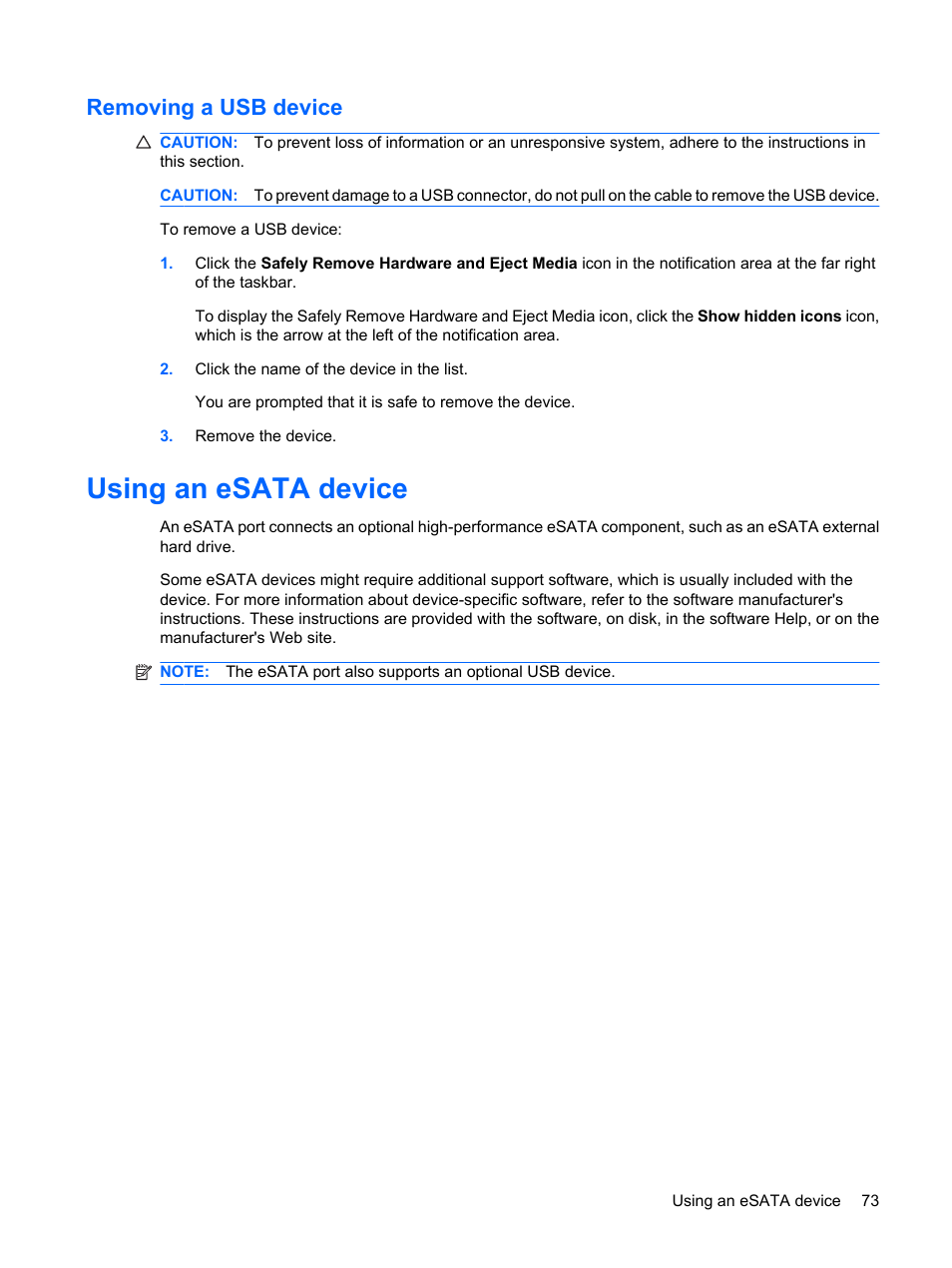 Removing a usb device, Using an esata device | HP Pavilion dv6z-3200 CTO Select Edition Entertainment Notebook PC User Manual | Page 83 / 129