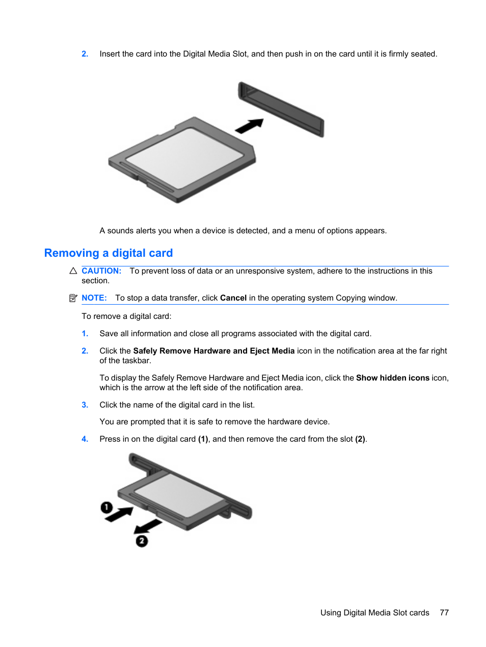 Removing a digital card | HP Pavilion dv6z-3200 CTO Select Edition Entertainment Notebook PC User Manual | Page 87 / 129