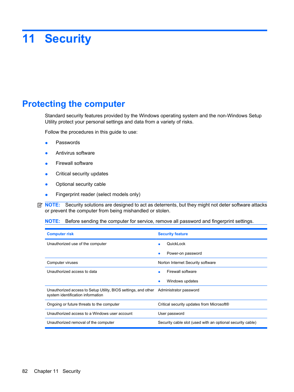 Security, Protecting the computer, 11 security | HP Pavilion dv6z-3200 CTO Select Edition Entertainment Notebook PC User Manual | Page 92 / 129