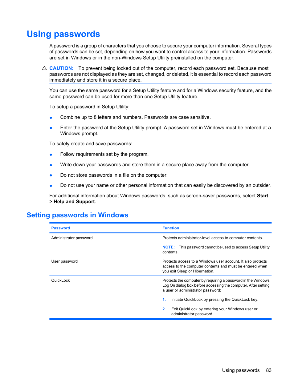 Using passwords, Setting passwords in windows | HP Pavilion dv6z-3200 CTO Select Edition Entertainment Notebook PC User Manual | Page 93 / 129