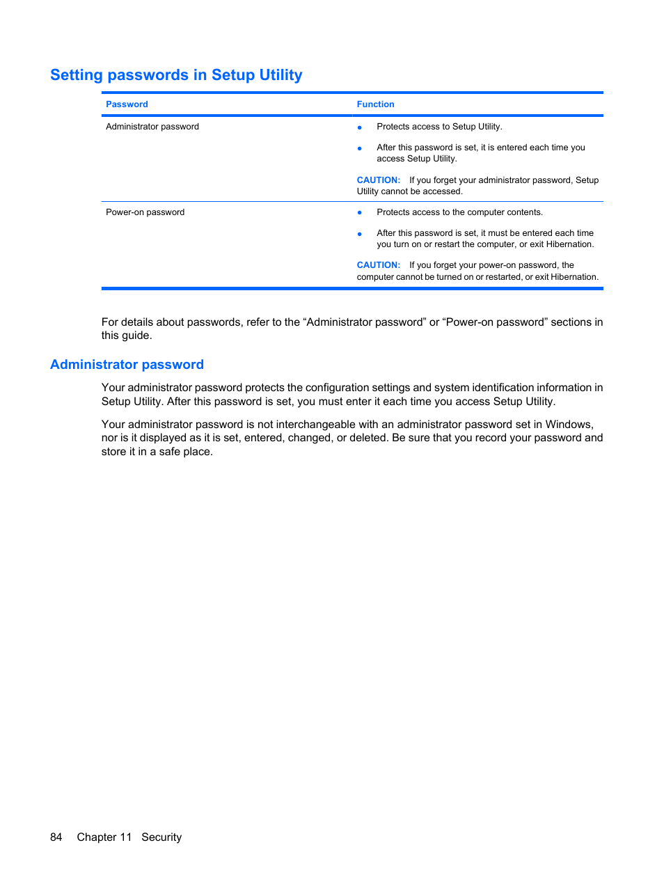 Setting passwords in setup utility, Administrator password | HP Pavilion dv6z-3200 CTO Select Edition Entertainment Notebook PC User Manual | Page 94 / 129