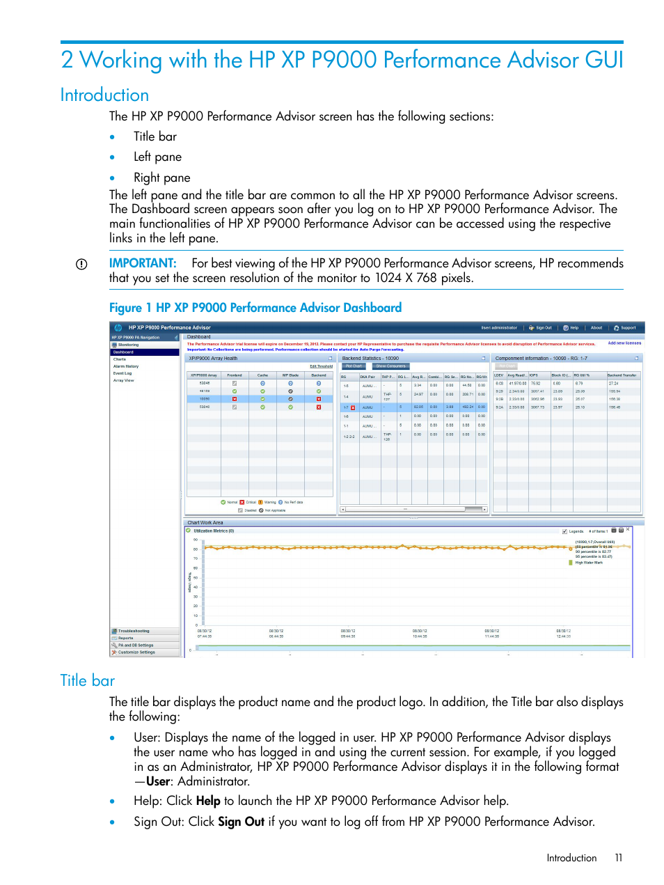 Introduction, Title bar | HP XP Performance Advisor Software User Manual | Page 11 / 416