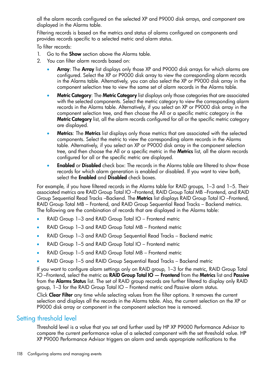 Setting threshold level, Setting | HP XP Performance Advisor Software User Manual | Page 118 / 416