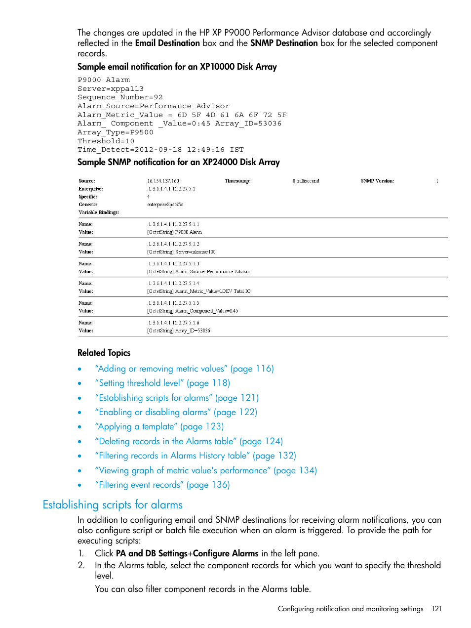 Establishing scripts for alarms | HP XP Performance Advisor Software User Manual | Page 121 / 416