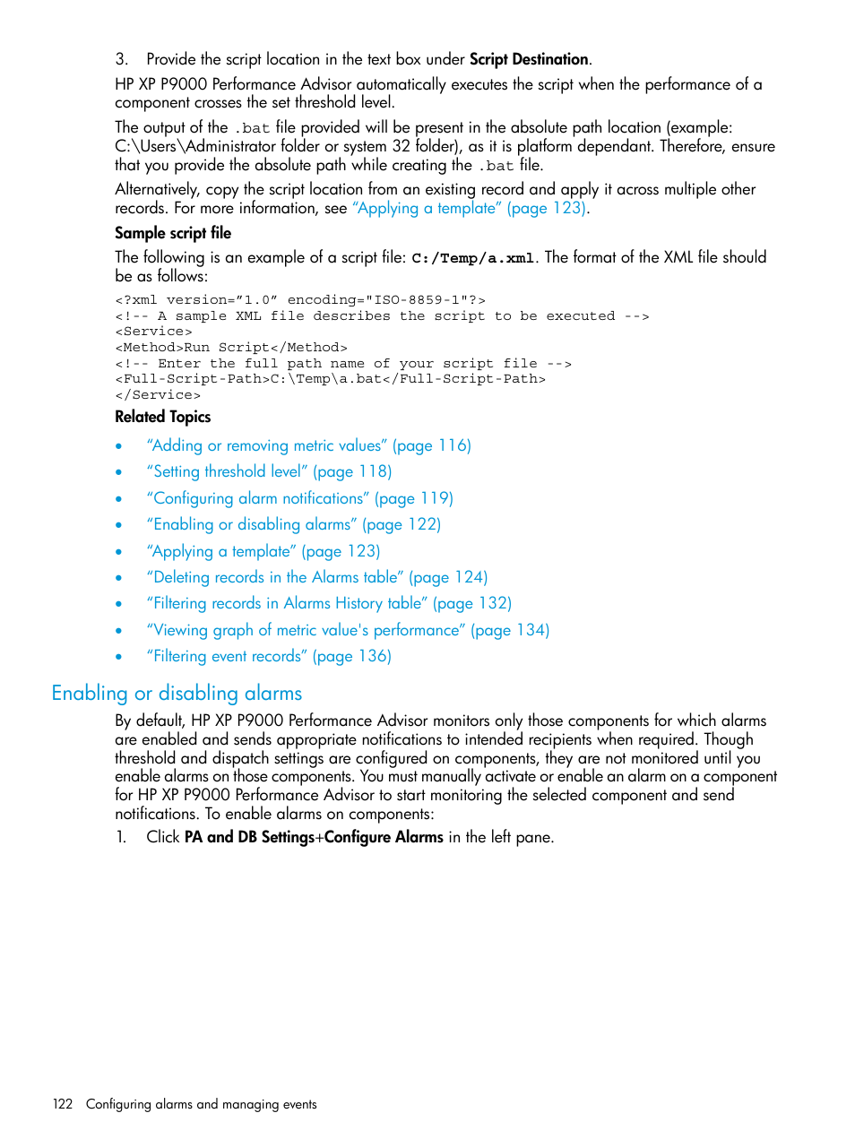 Enabling or disabling alarms | HP XP Performance Advisor Software User Manual | Page 122 / 416