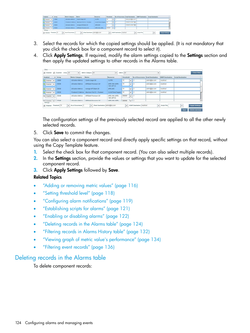 Deleting records in the alarms table | HP XP Performance Advisor Software User Manual | Page 124 / 416