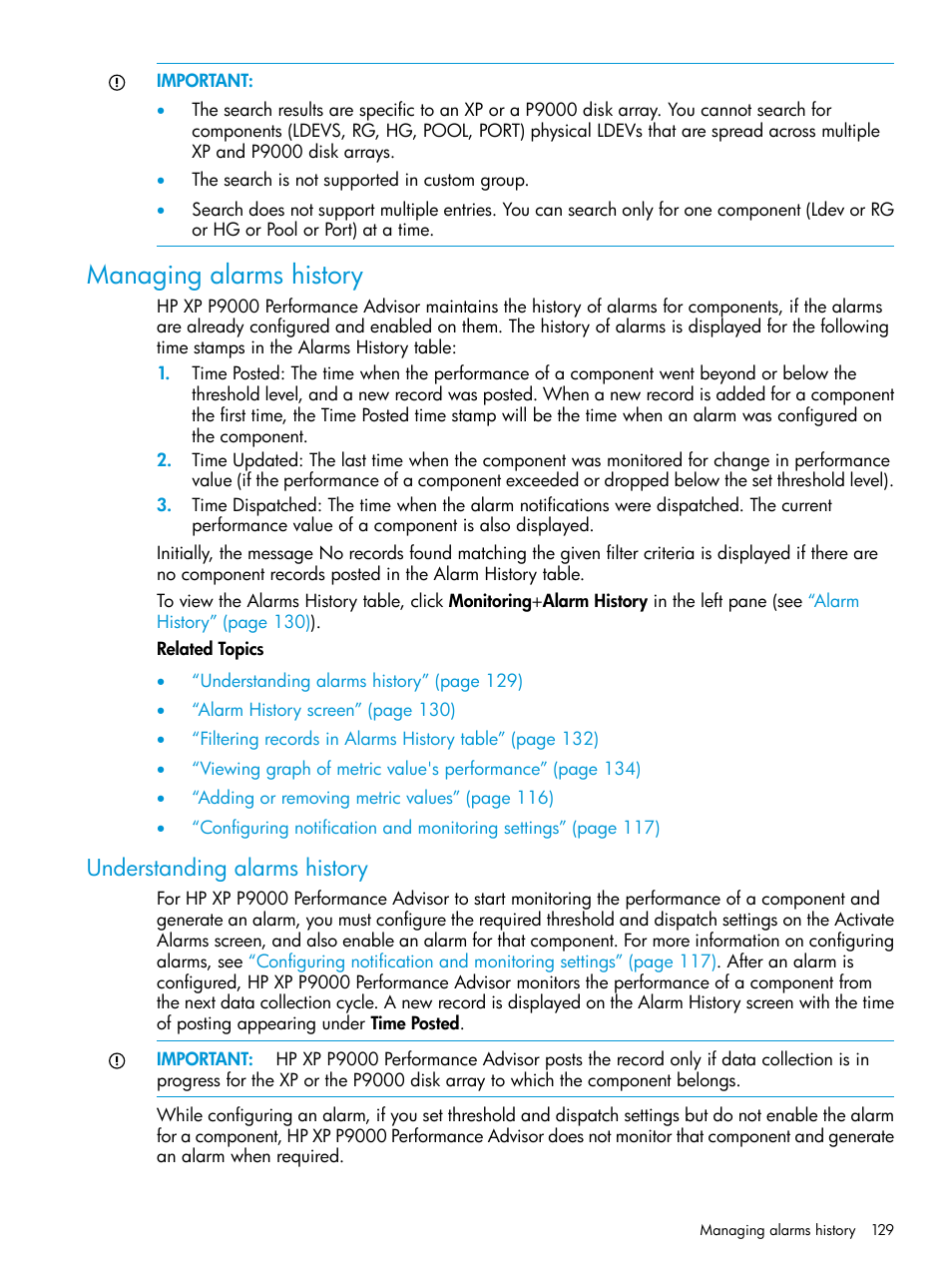 Managing alarms history, Understanding alarms history | HP XP Performance Advisor Software User Manual | Page 129 / 416