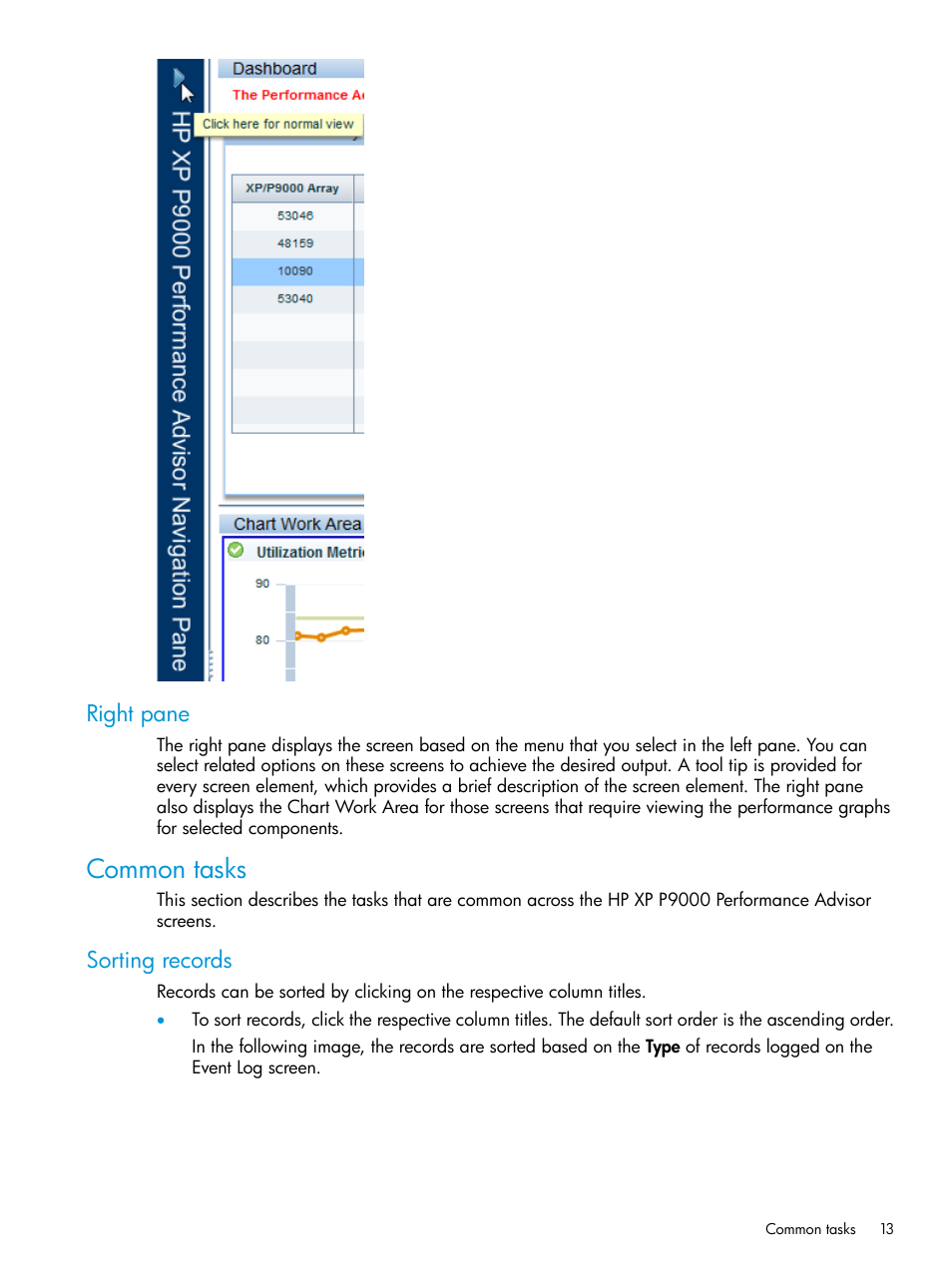 Right pane, Common tasks, Sorting records | HP XP Performance Advisor Software User Manual | Page 13 / 416