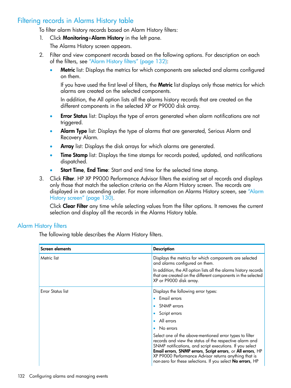 Filtering records in alarms history table, Alarm history filters | HP XP Performance Advisor Software User Manual | Page 132 / 416