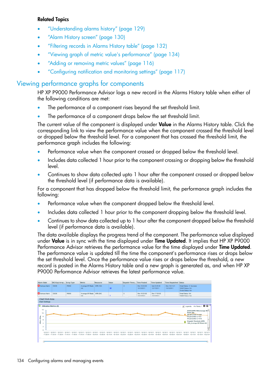 Viewing performance graphs for components, Viewing graph of metric value's | HP XP Performance Advisor Software User Manual | Page 134 / 416