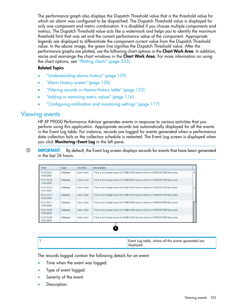 Viewing events, Viewing | HP XP Performance Advisor Software User Manual | Page 135 / 416