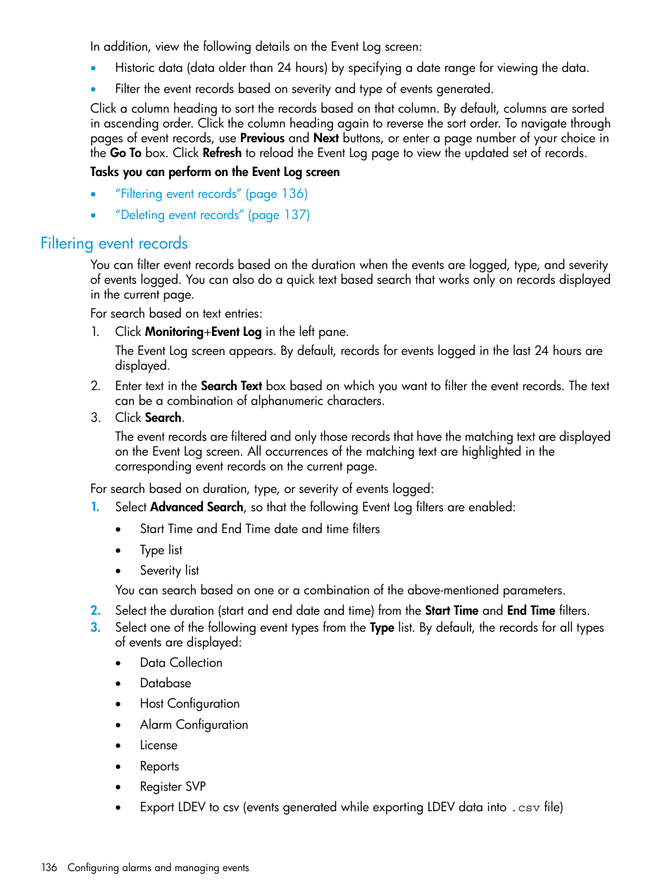 Filtering event records | HP XP Performance Advisor Software User Manual | Page 136 / 416