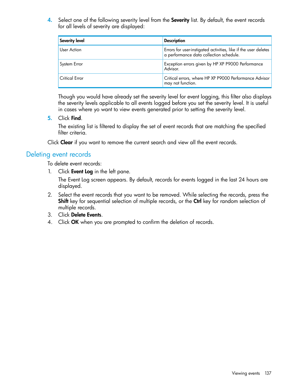 Deleting event records | HP XP Performance Advisor Software User Manual | Page 137 / 416