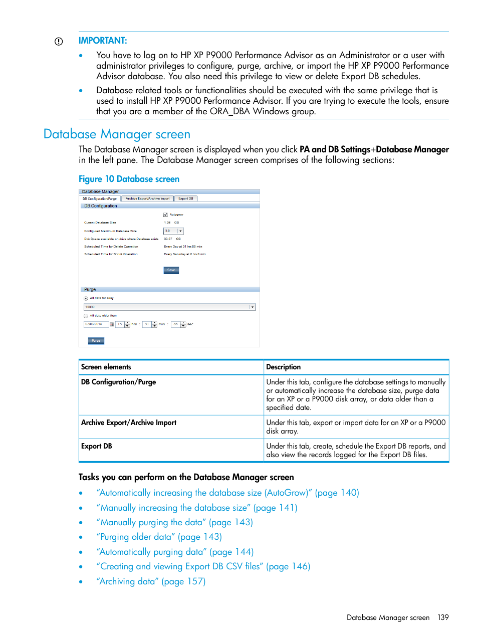 Database manager screen | HP XP Performance Advisor Software User Manual | Page 139 / 416