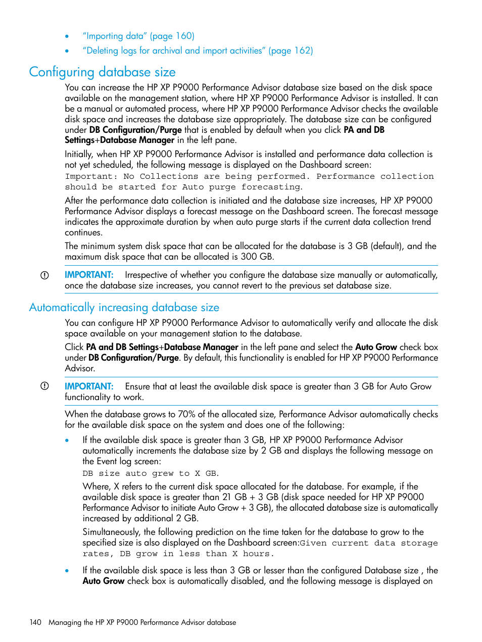 Configuring database size, Automatically increasing database size | HP XP Performance Advisor Software User Manual | Page 140 / 416