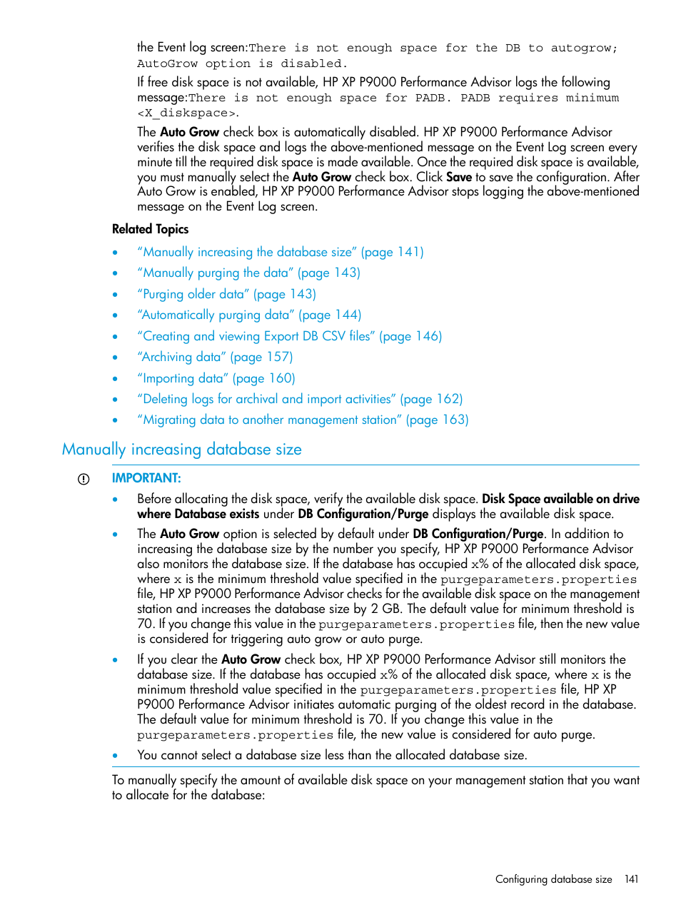 Manually increasing database size | HP XP Performance Advisor Software User Manual | Page 141 / 416