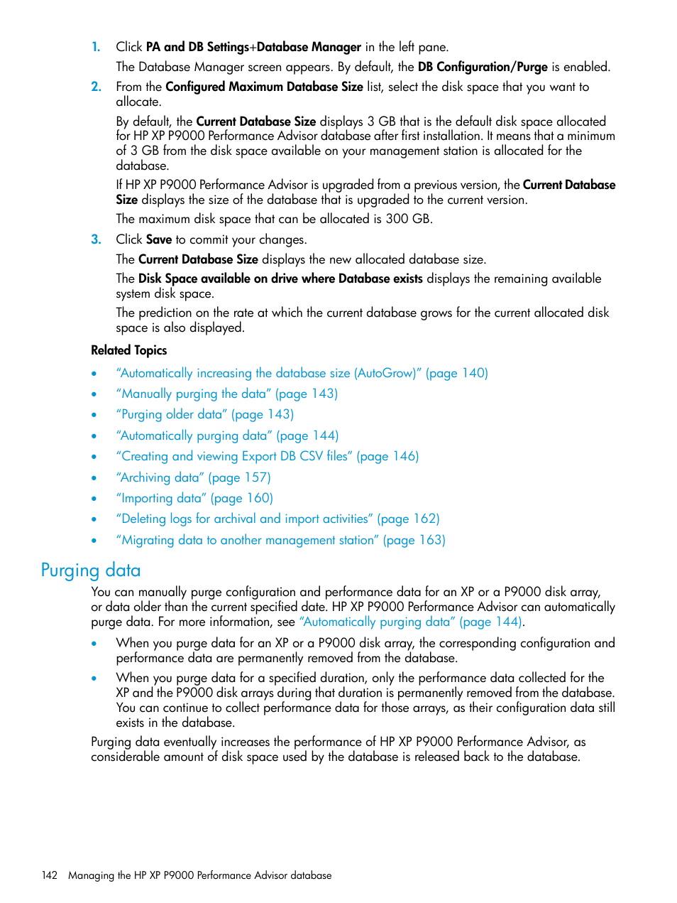 Purging data | HP XP Performance Advisor Software User Manual | Page 142 / 416