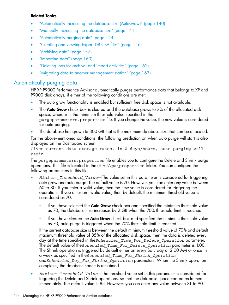 Automatically purging data | HP XP Performance Advisor Software User Manual | Page 144 / 416
