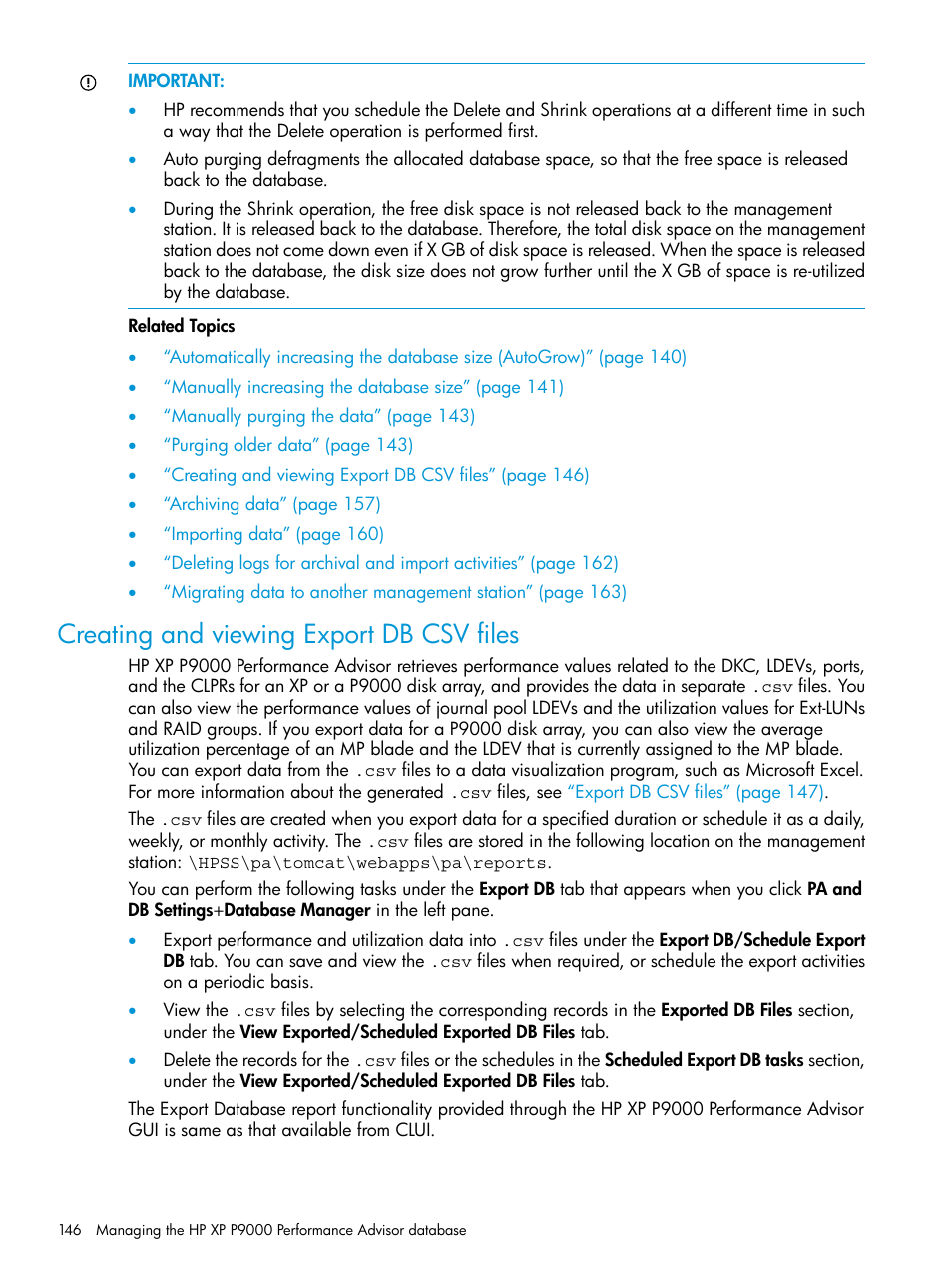 Creating and viewing export db csv files | HP XP Performance Advisor Software User Manual | Page 146 / 416