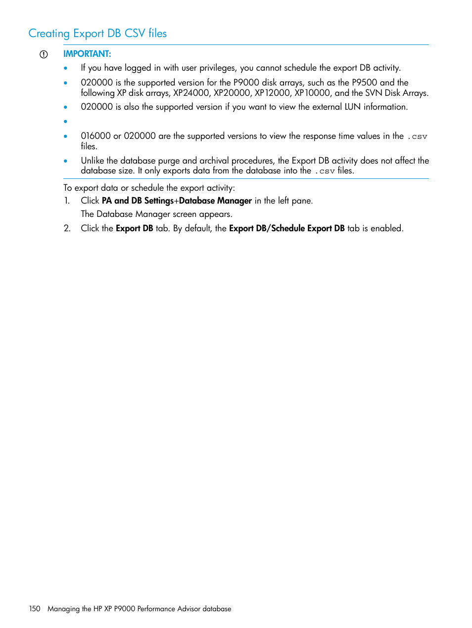 Creating export db csv files | HP XP Performance Advisor Software User Manual | Page 150 / 416