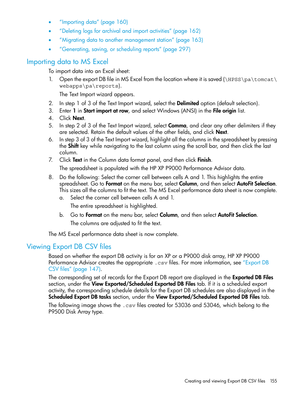 Importing data to ms excel, Viewing export db csv files | HP XP Performance Advisor Software User Manual | Page 155 / 416