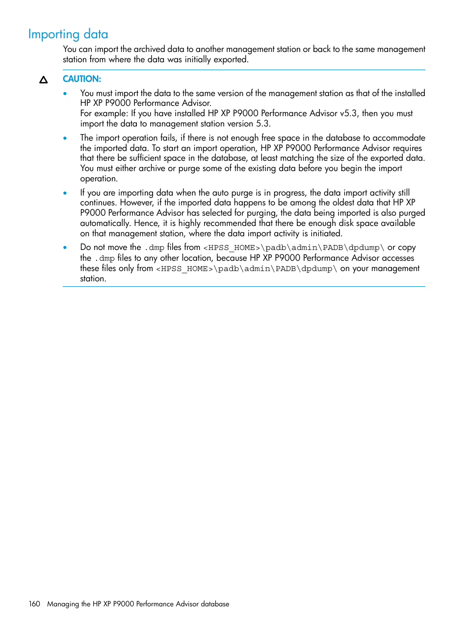 Importing data | HP XP Performance Advisor Software User Manual | Page 160 / 416