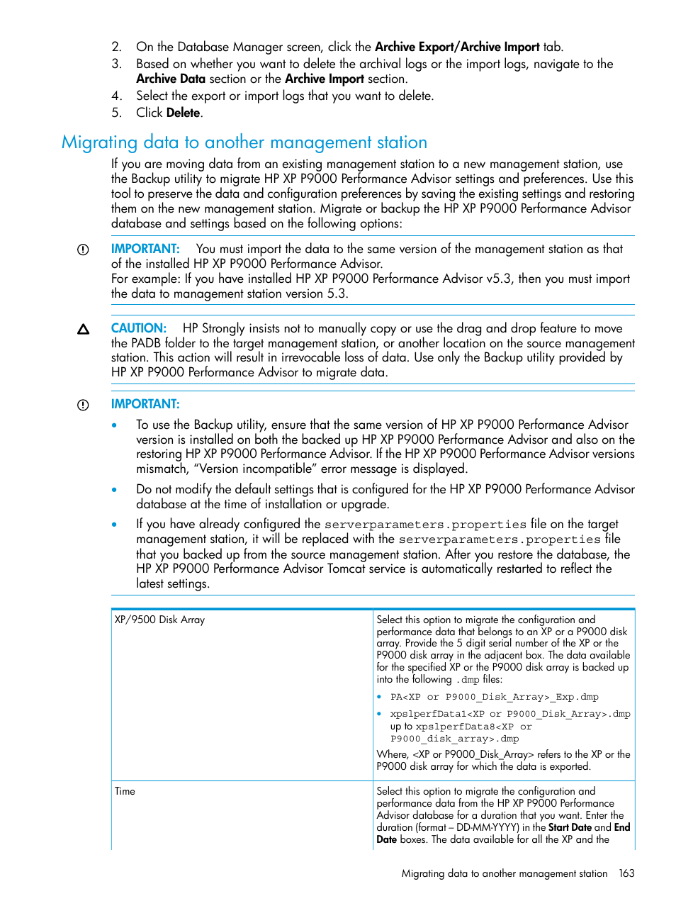 Migrating data to another management station | HP XP Performance Advisor Software User Manual | Page 163 / 416