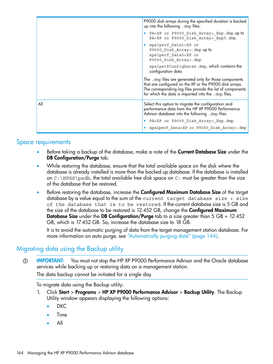 Space requirements, Migrating data using the backup utility | HP XP Performance Advisor Software User Manual | Page 164 / 416
