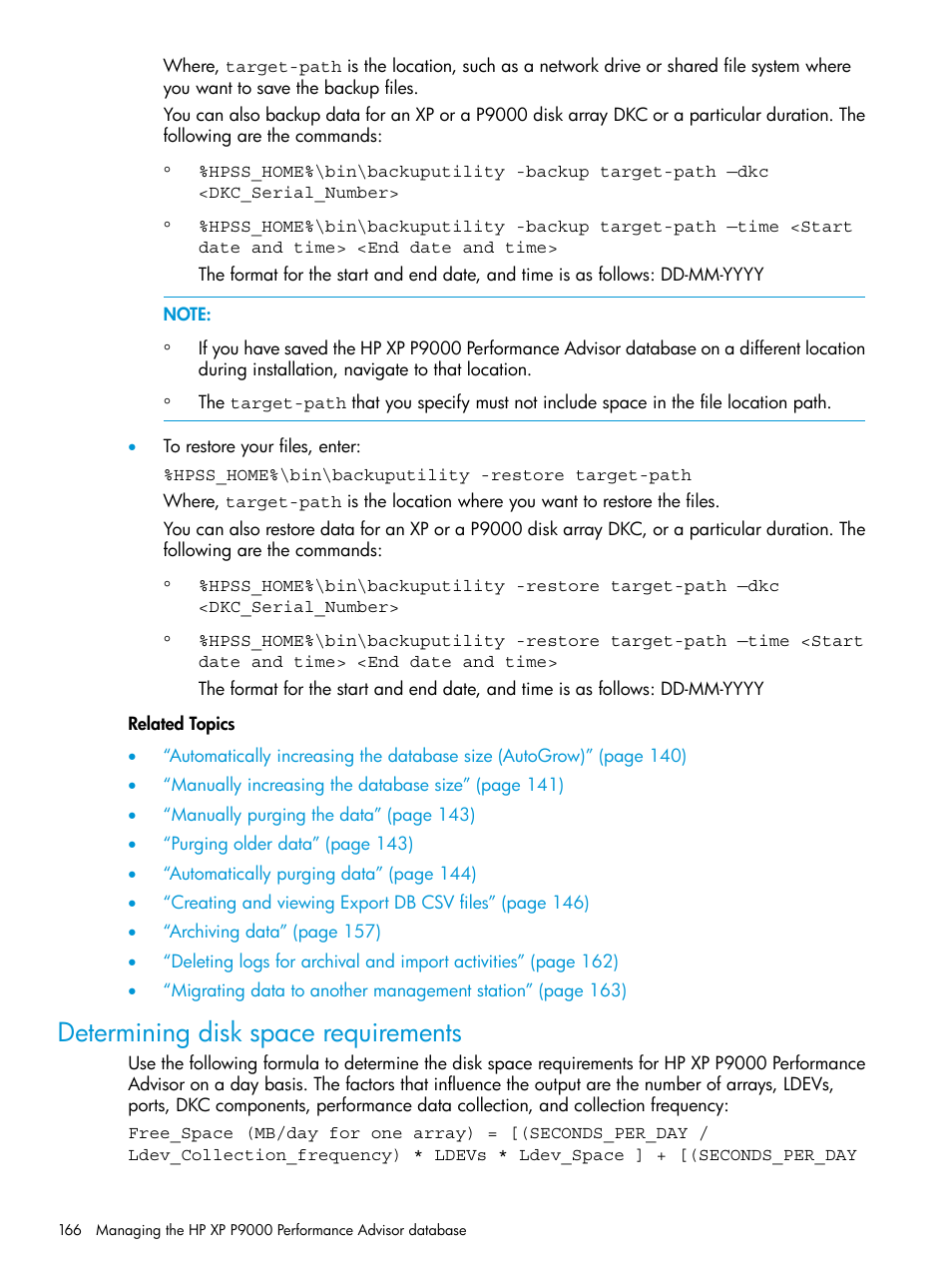 Determining disk space requirements | HP XP Performance Advisor Software User Manual | Page 166 / 416