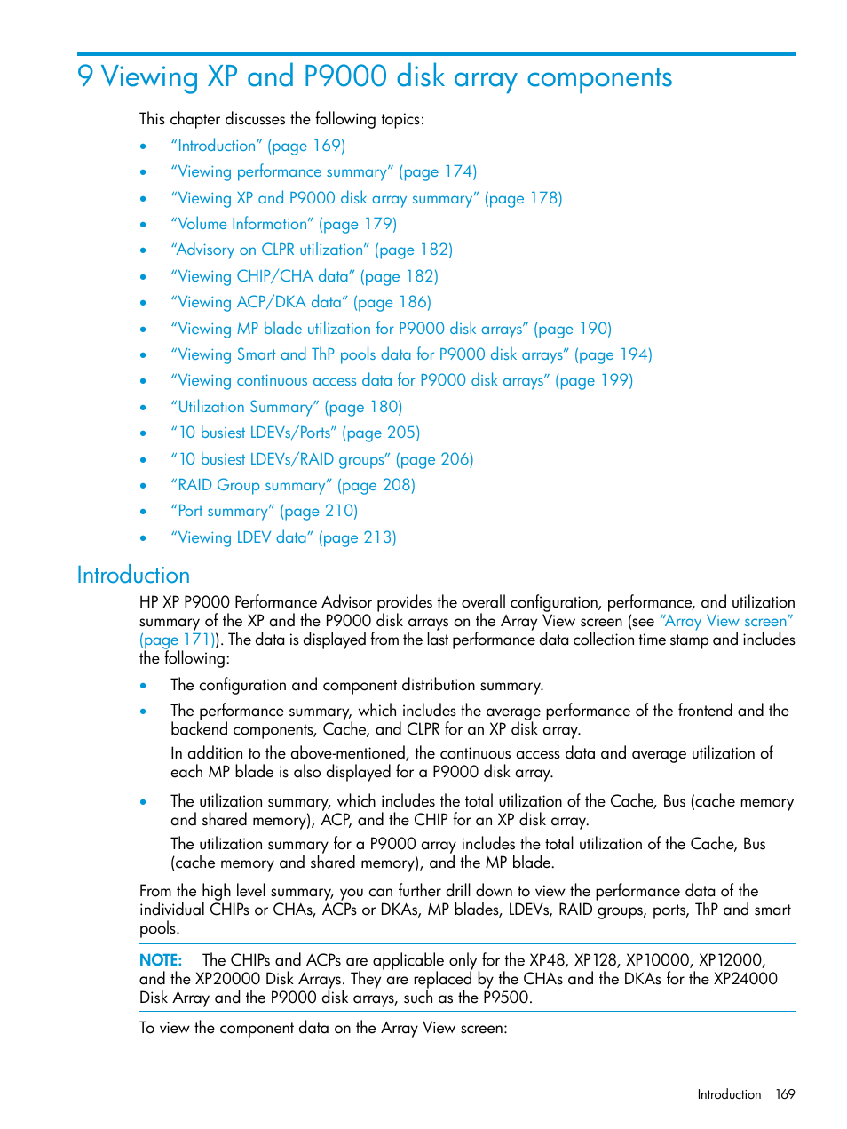9 viewing xp and p9000 disk array components, Introduction | HP XP Performance Advisor Software User Manual | Page 169 / 416