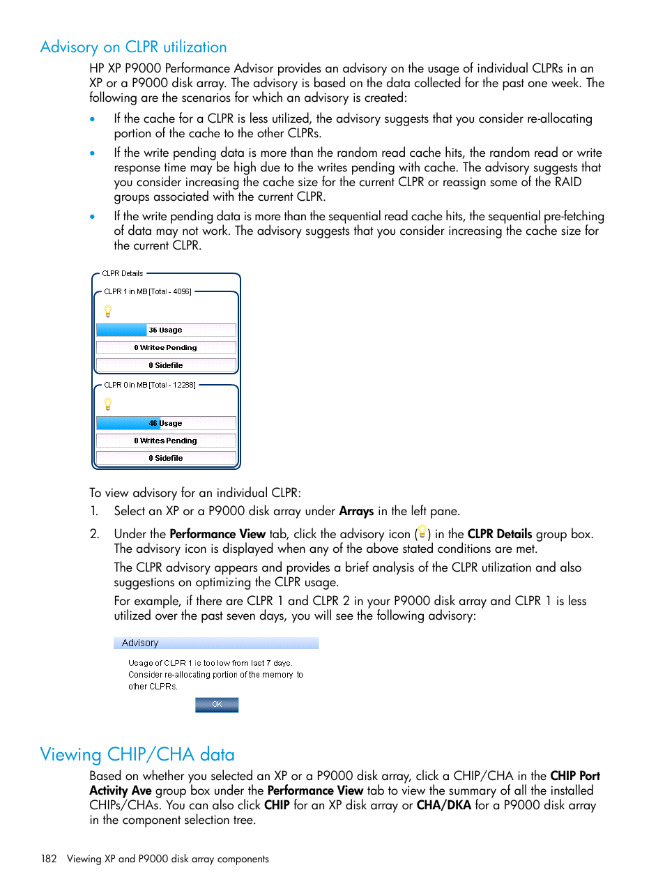 Advisory on clpr utilization, Viewing chip/cha data, Viewing chip/cha | Viewing | HP XP Performance Advisor Software User Manual | Page 182 / 416