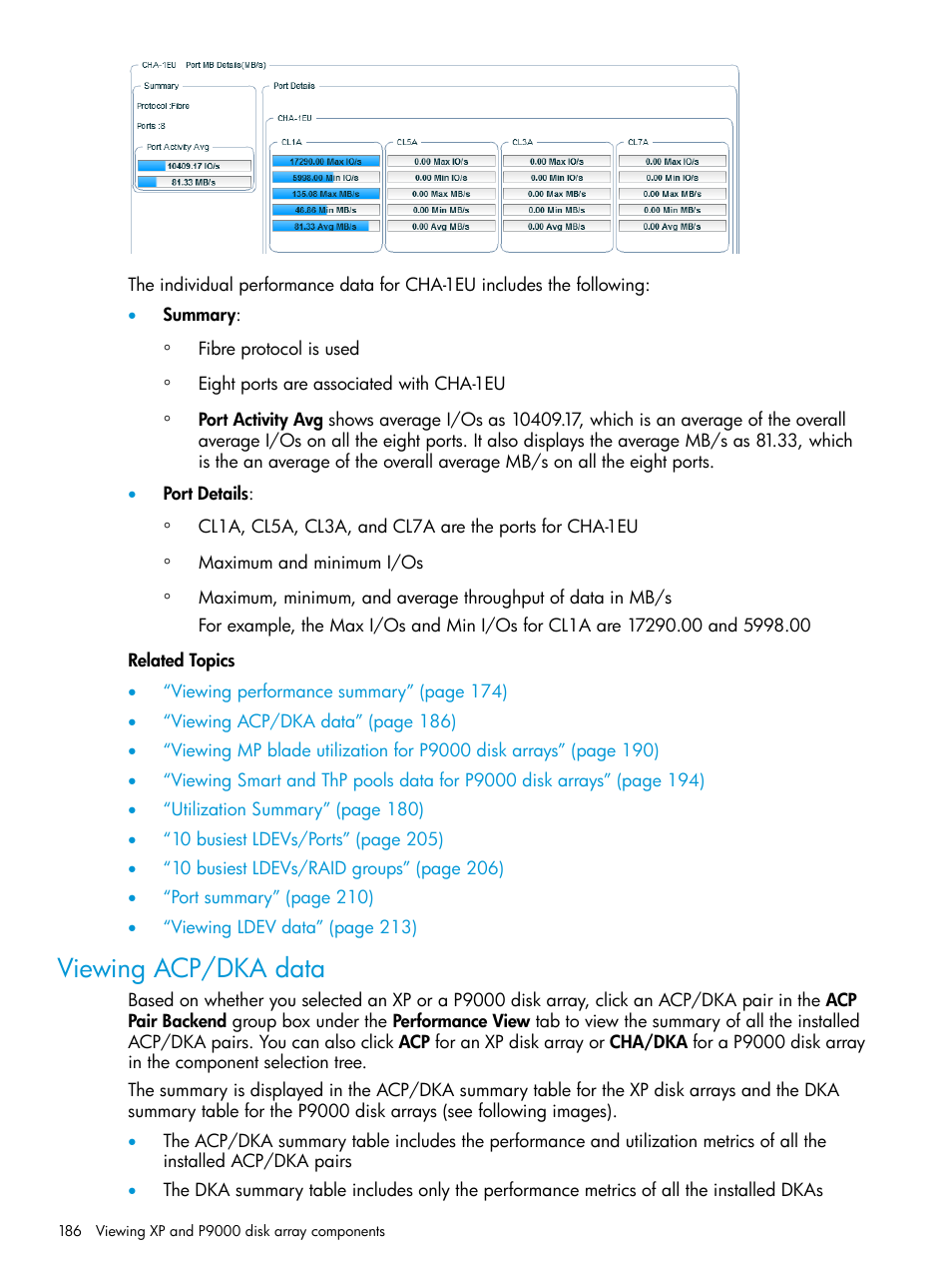 Viewing acp/dka data, Viewing acp/dka | HP XP Performance Advisor Software User Manual | Page 186 / 416