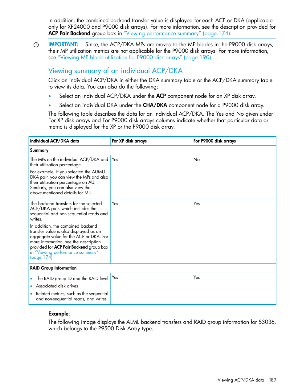Viewing summary of an individual acp/dka | HP XP Performance Advisor Software User Manual | Page 189 / 416