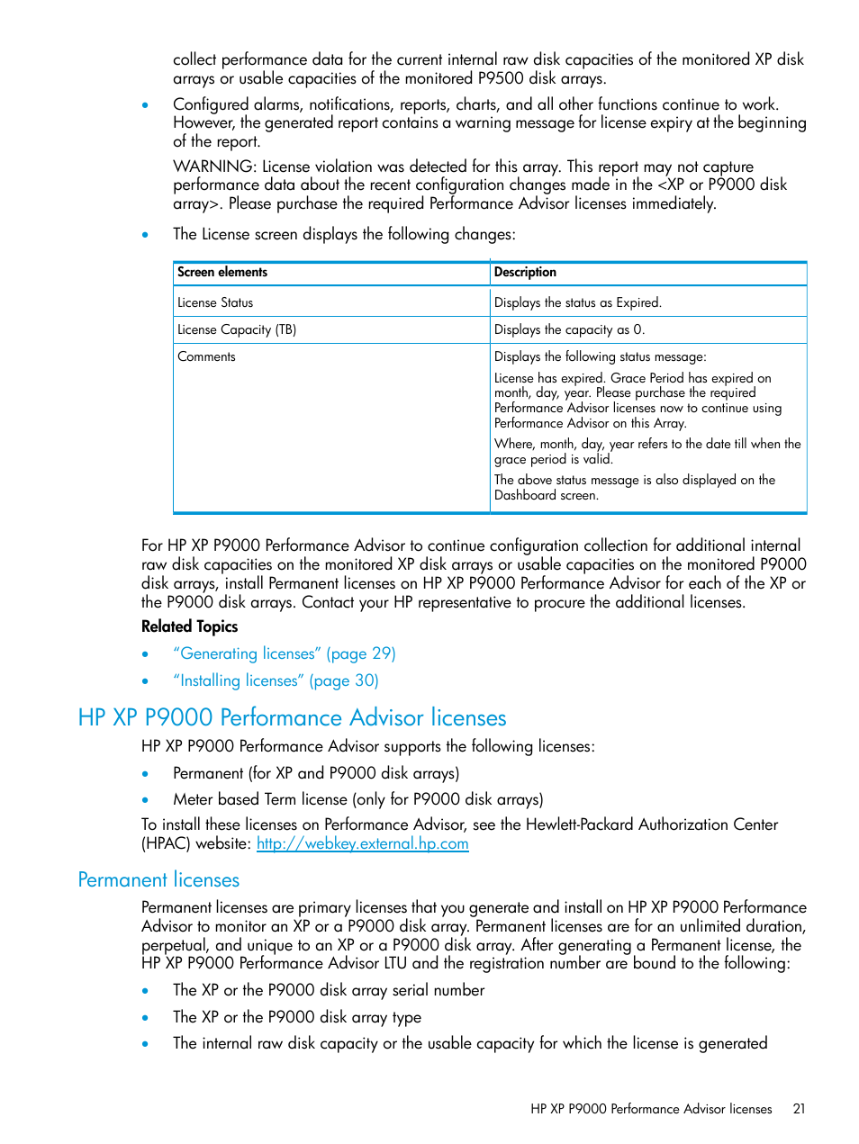 Hp xp p9000 performance advisor licenses, Permanent licenses, Hp xp p9000 performance advisor | HP XP Performance Advisor Software User Manual | Page 21 / 416