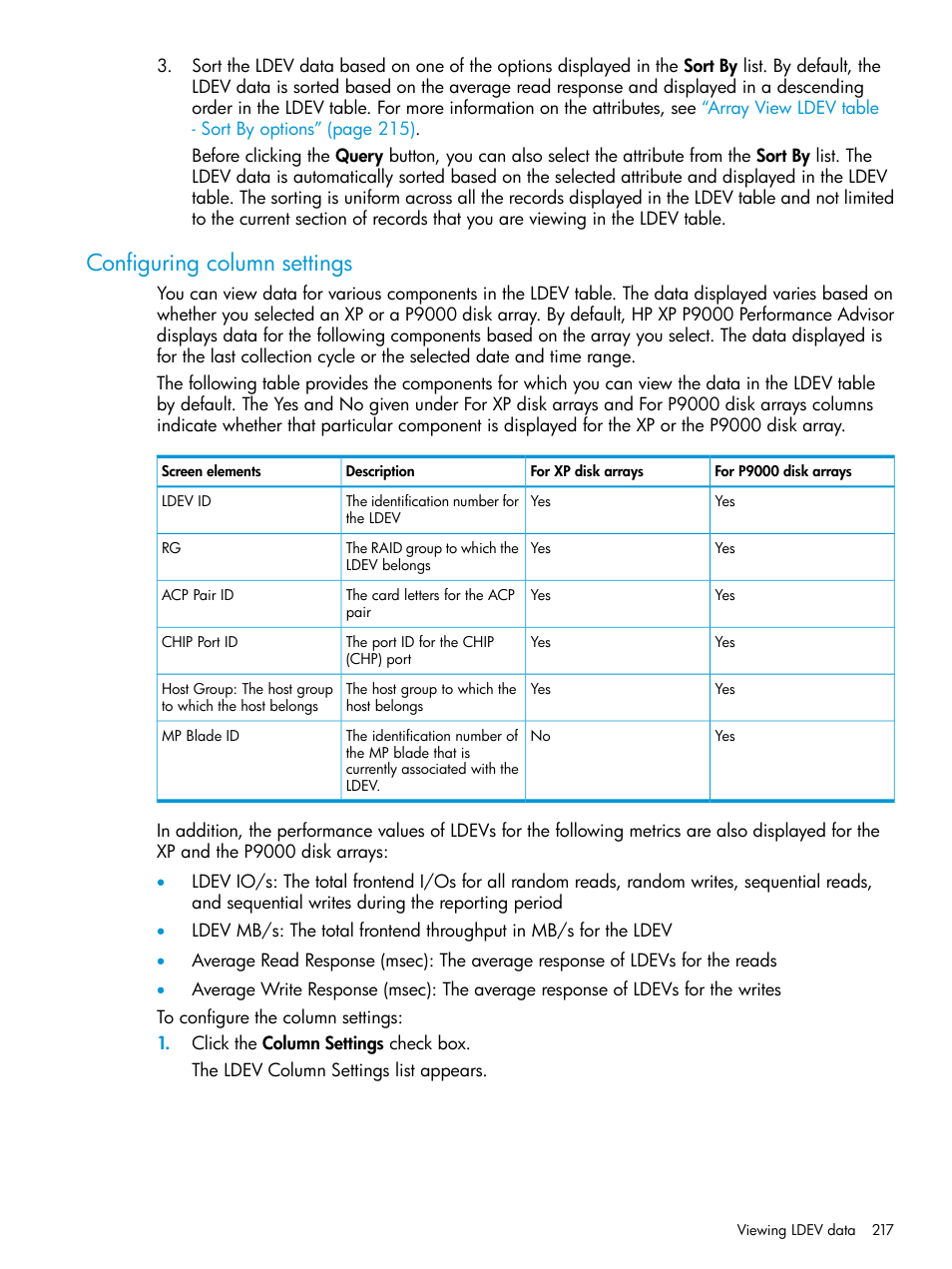 Configuring column settings | HP XP Performance Advisor Software User Manual | Page 217 / 416