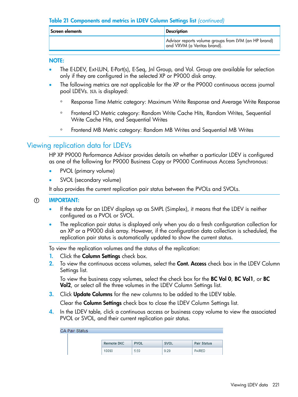 Viewing replication data for ldevs | HP XP Performance Advisor Software User Manual | Page 221 / 416